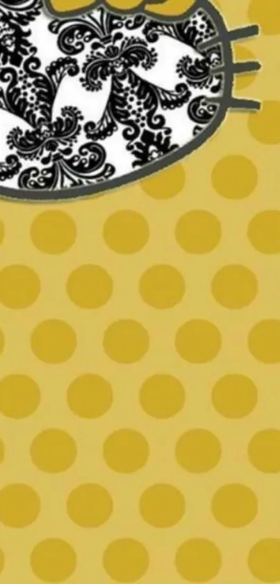 Charming polka dot wallpaper with artistic cat design in yellow.