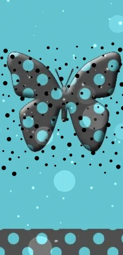 Black butterfly with blue polka dots on turquoise background.