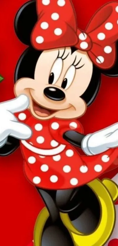 Charming cartoon character with red polka dot dress on a vibrant background.