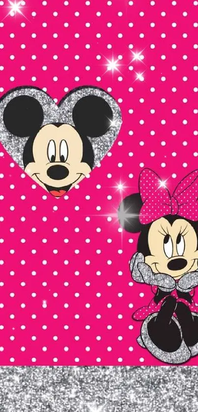 Colorful polka dot wallpaper with popular cartoon characters on pink background.