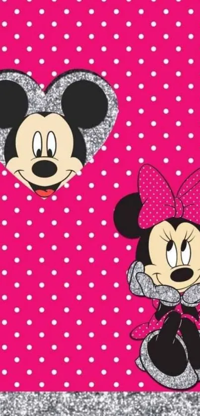 Polka dot wallpaper with cartoon characters and glitter heart.