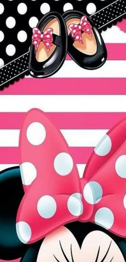 Cute polka dot character wallpaper with pink and black design.