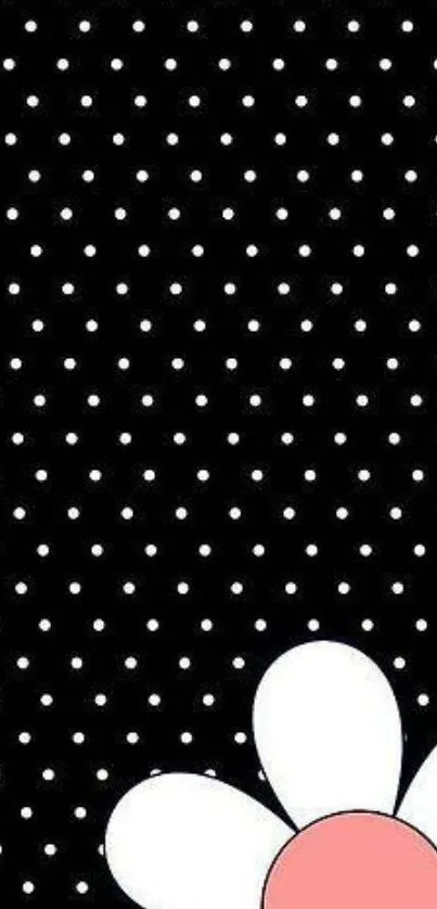 Black polka dot wallpaper with a white flower accent.