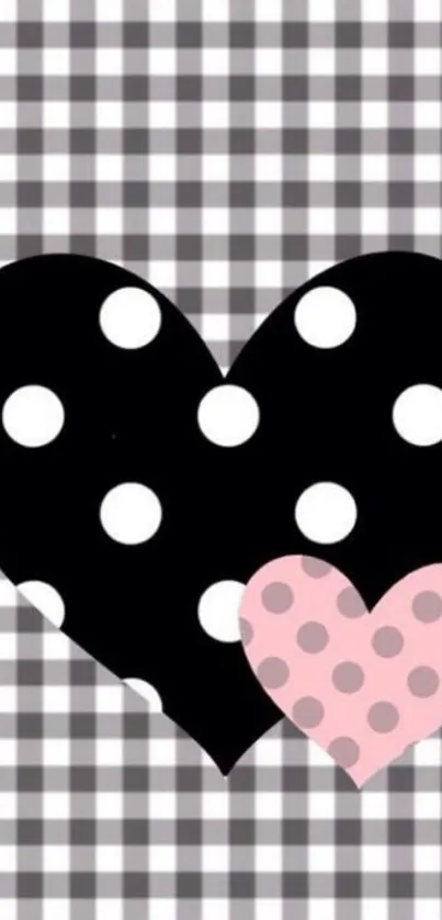 Polka dot hearts on checkered background wallpaper.