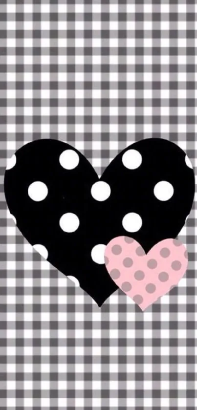 Black and white checkered wallpaper with polka dot hearts.