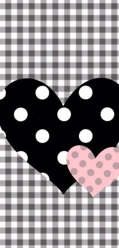 Black polka dot heart with pink heart on checkered background wallpaper.