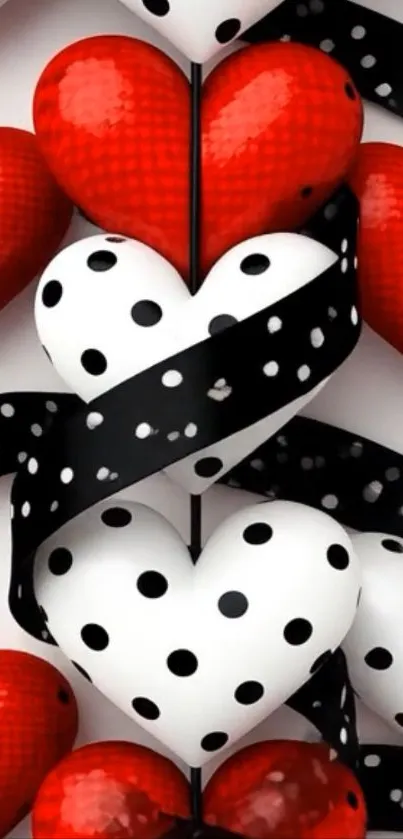 Polka dot hearts with ribbons design wallpaper.