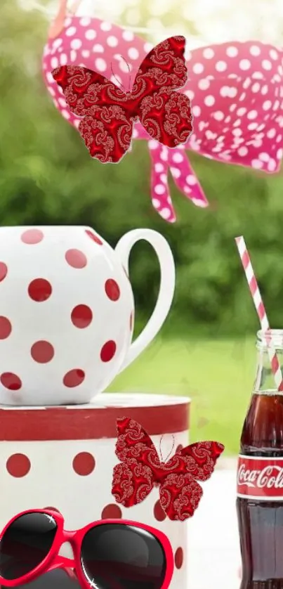 Red polka dot picnic with butterflies and Coca Cola.