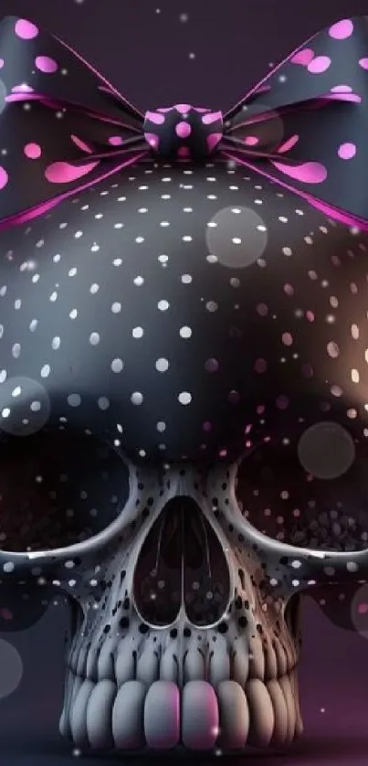 3D skull with pink polka dot bow wallpaper.