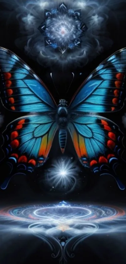 Mystical blue butterfly with cosmic pattern