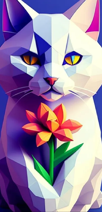 Polygonal cat illustration with orange flower on a blue background.