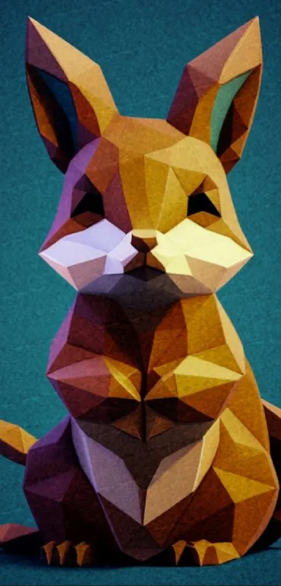 Polygonal bunny sitting on a dark teal background with geometric shapes.