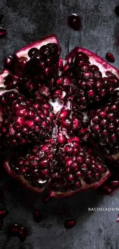 Close-up of a pomegranate with dark red seeds and a textured background.