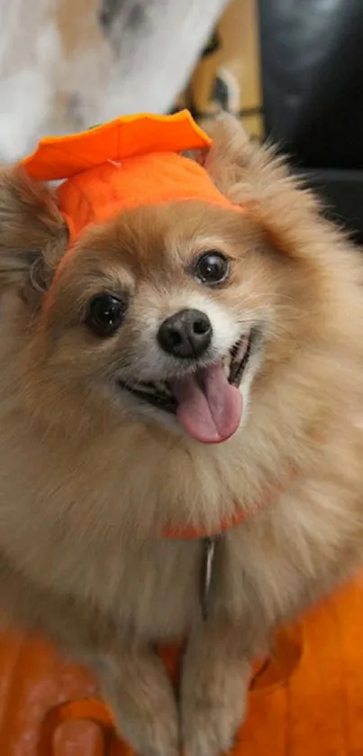 Fluffy Pomeranian in orange costume on pumpkin, perfect for Halloween wallpaper.