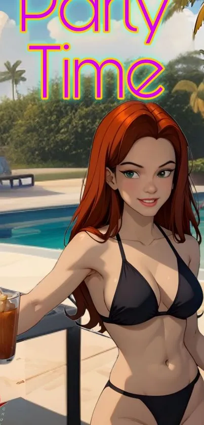 Animated character in bikini at pool with Party Time text.