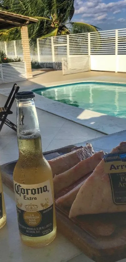 Poolside table with Corona and picanha.