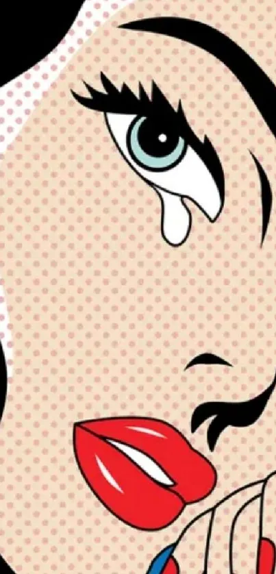 Pop art illustration of a crying woman with red lips and bold colors.