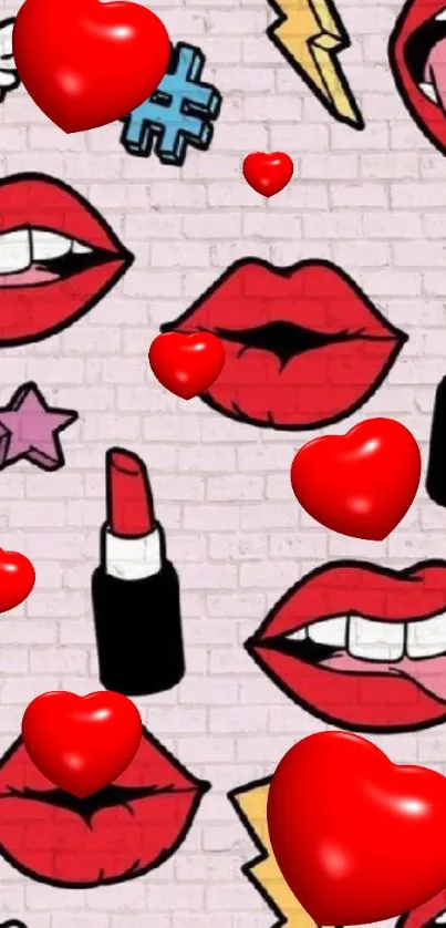 Pop art wallpaper with red lips and lipsticks.