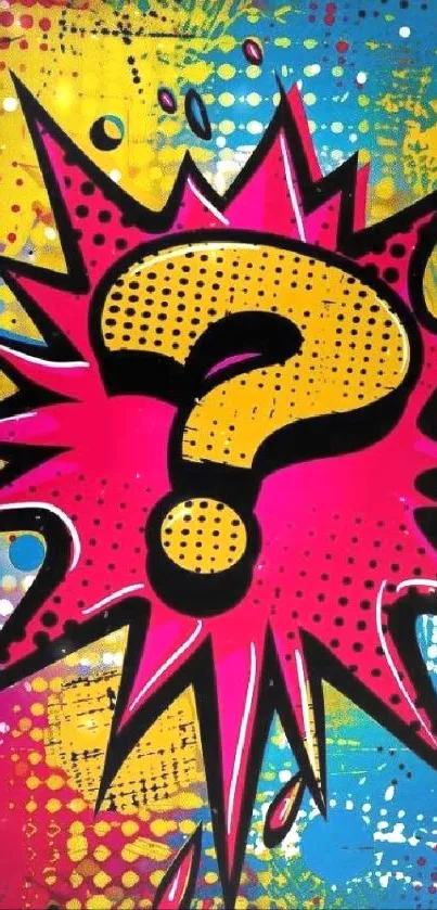 Colorful pop art question mark design on wallpaper.