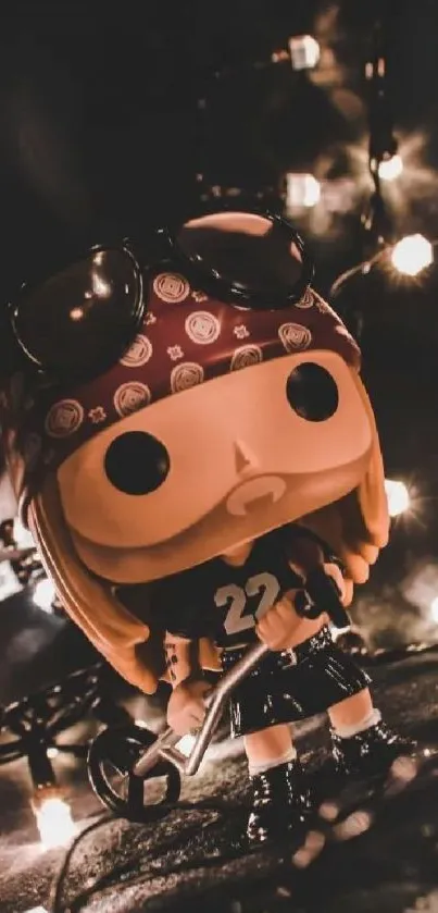 Pop vinyl figure with glowing lights and dark background wallpaper.