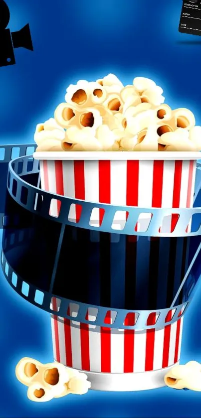 Popcorn in a bucket with film reels on a blue background.