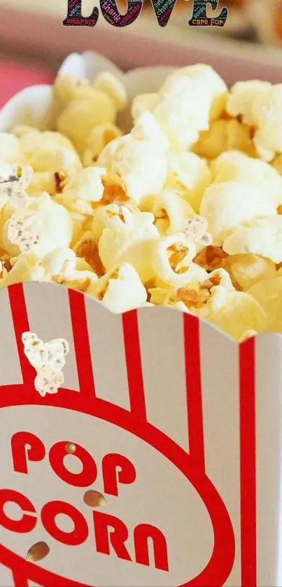 Vibrant image of popcorn in a striped box.