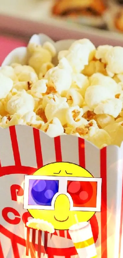 Playful popcorn wallpaper with 3D glasses emoji and red accents.