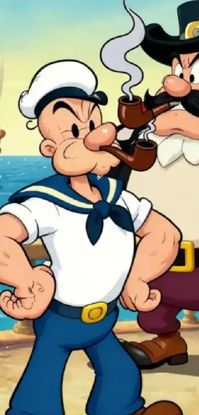Popeye in a classic animated scene with nautical elements.