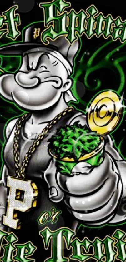 Popeye holding spinach with urban art style