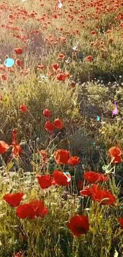 Bright red poppy field with golden sunlight glowing through.