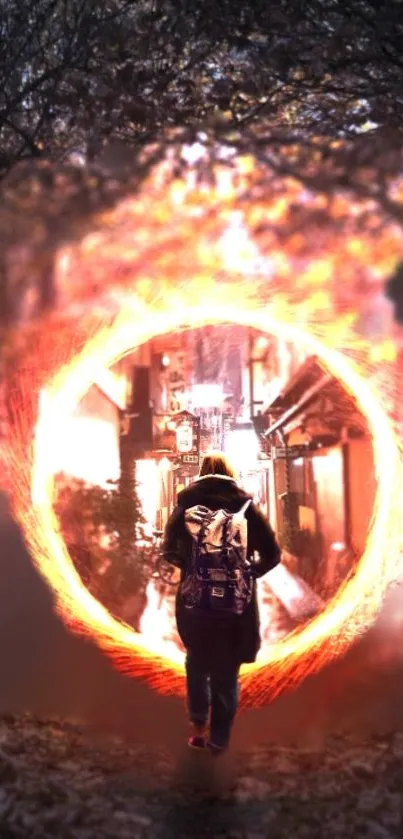 Person entering a fiery portal leading to a mysterious alleyway.