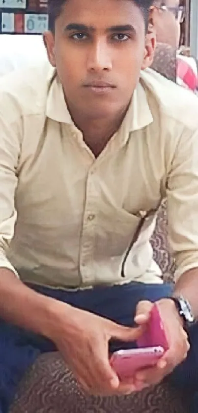 Young man in beige shirt seated within a virtual frame for mobile wallpaper.