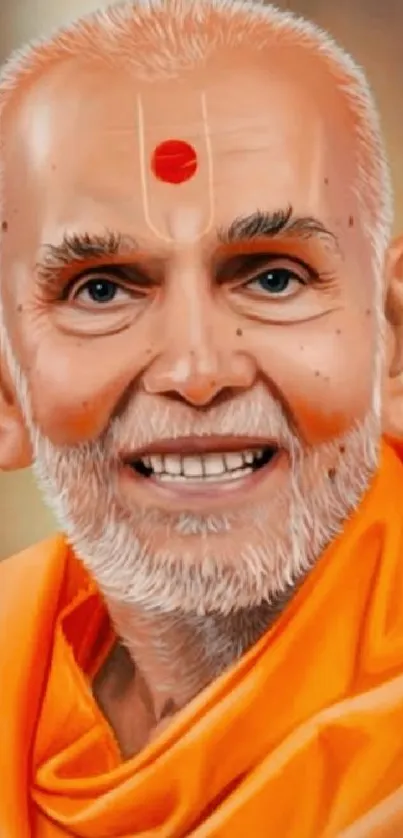 Portrait of a spiritual guru in orange attire with warm tones.