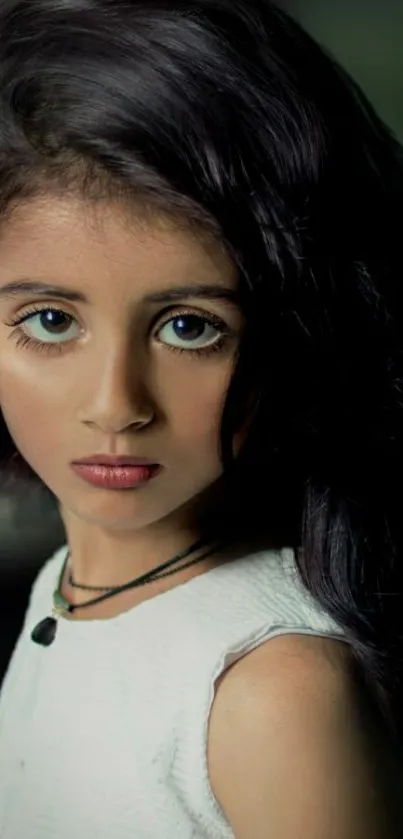 Portrait of a girl with blue eyes and dark hair in moody lighting.