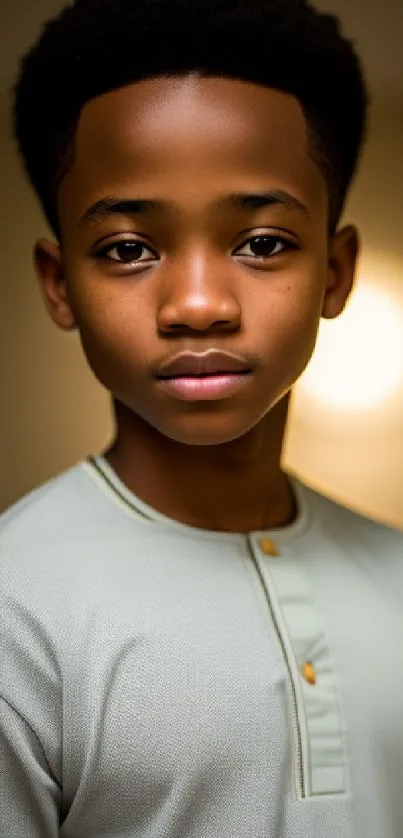 Portrait of a young boy with soft lighting and a serene background.