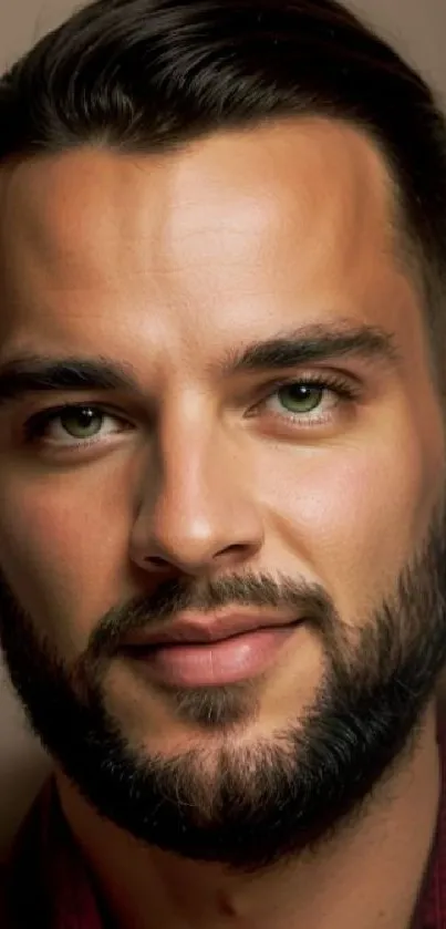 Close-up portrait of a bearded man with expressive eyes in warm tones.