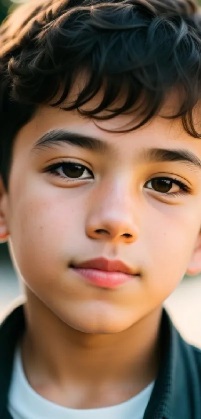 Close-up portrait of a young boy with a blurred nature background.