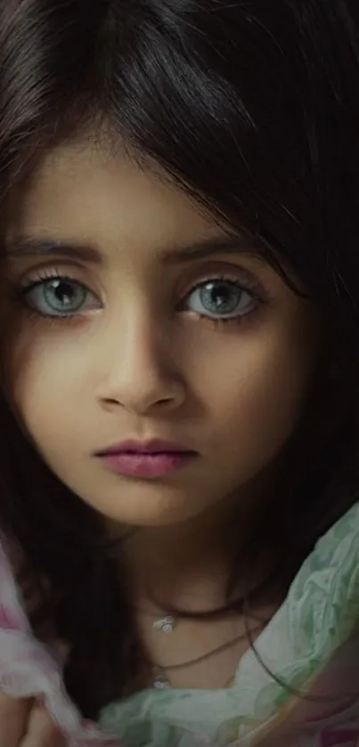 Portrait of a child with captivating eyes and serene expression.