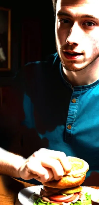 Portrait of a man in a blue shirt holding a burger.