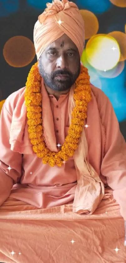 Portrait of a person in peach attire with a bokeh light background.