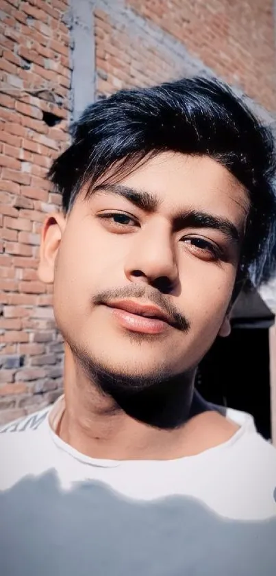 Portrait of a young man with a brick wall background.