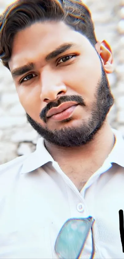 A stylish bearded man in a white shirt outdoors.