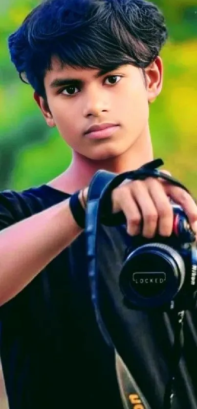 Young man holding a camera in natural, green setting.