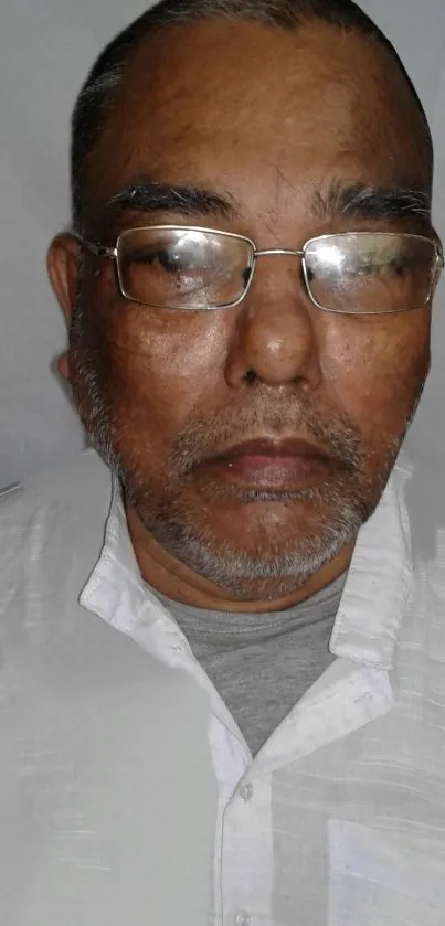 Close-up portrait of an elderly man with glasses in gray background.