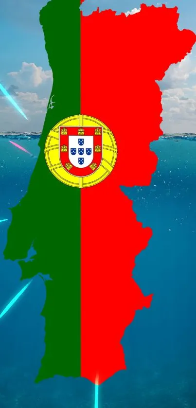 Portugal flag on an ocean background.