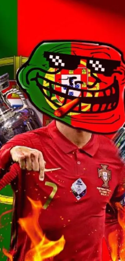 Portugal soccer meme wallpaper with vibrant colors and quirky design.