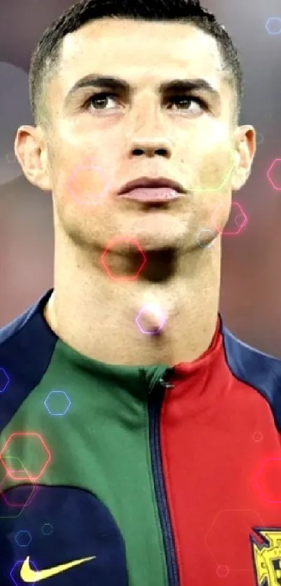 Portugal soccer player in national jersey with focused expression.