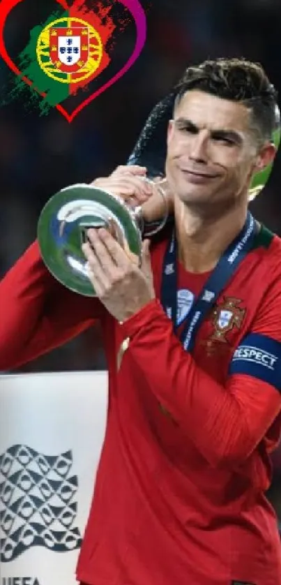 Portugal football player with trophy in victory celebration.