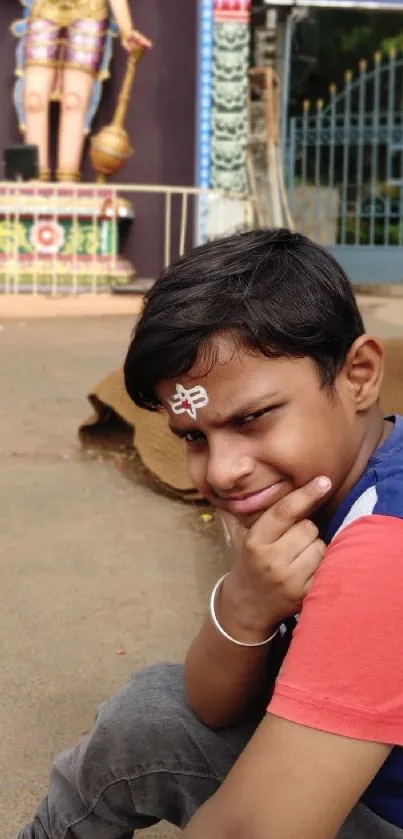 Young boy with forehead mark pondering outdoors with statue in background.