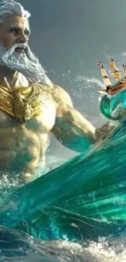 Poseidon holding a ship amidst swirling ocean waves.